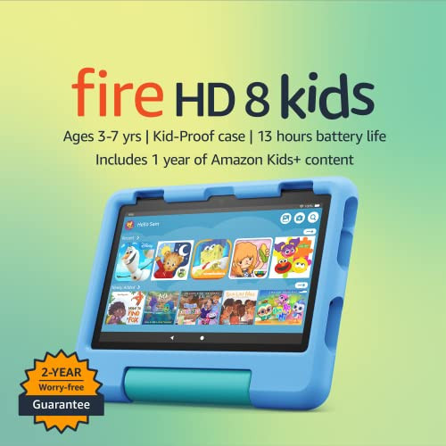 Amazon Fire HD 8 Kids tablet, ages 3-7. Top-selling 8" kids tablet on Amazon - 2023. Ad-free content with parental controls included, 13-hr battery, 32 GB, Blue | Amazon (US)