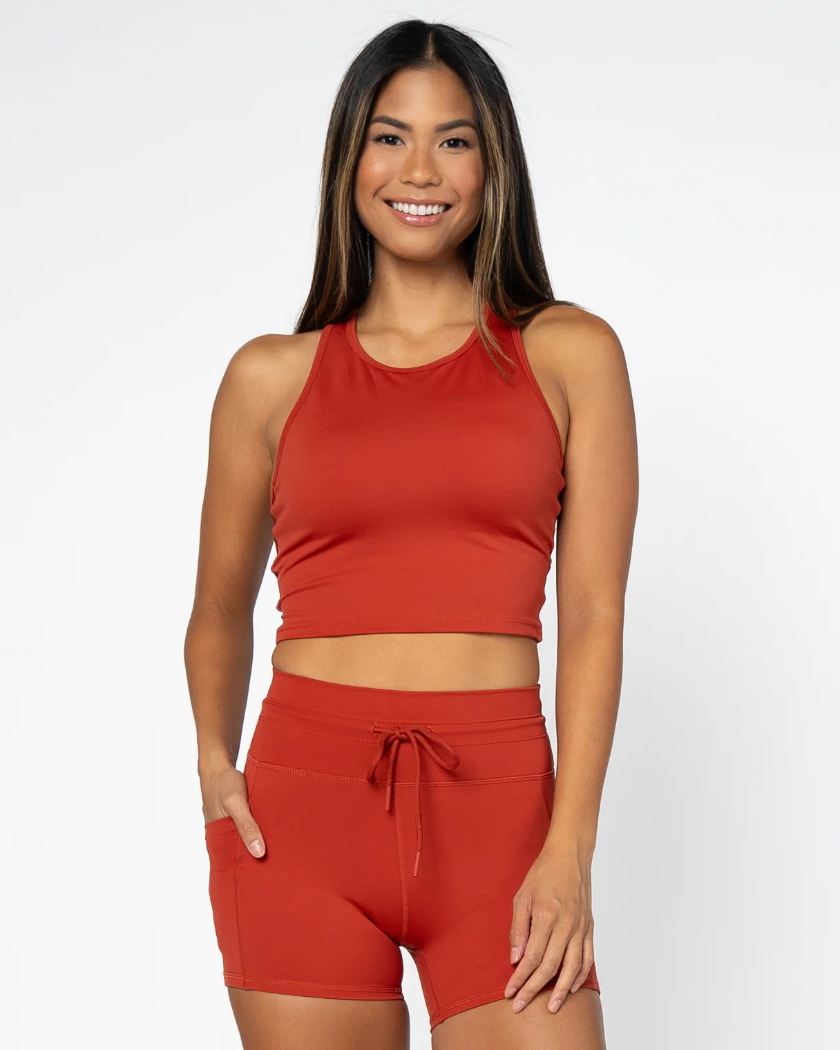 Back Pocket Crop Top with Built-in Bra - Cayenne | Senita Athletics