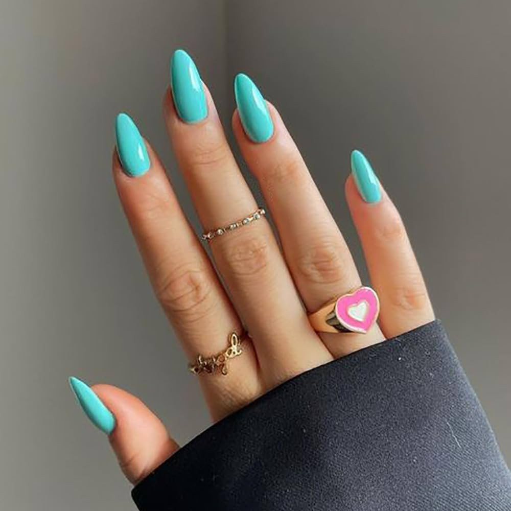 Press on Nails Almond Medium, Turquoise Solid Color Glossy Fake Nails Press Ons Almond Shape, Sti... | Amazon (US)