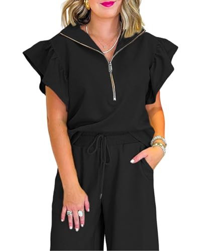 Amazon.com: SELINK Two Piece Sets for Women Summer Outfits Ruffle Cap Sleeve Zip Top Wide Leg Pan... | Amazon (US)