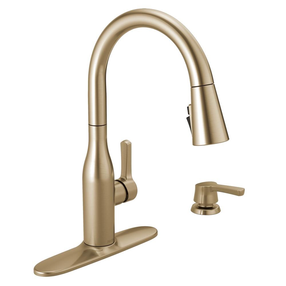 Delta Marca Single-Handle Pull-Down Sprayer Kitchen Faucet with ShieldSpray Technology in Champagne  | The Home Depot