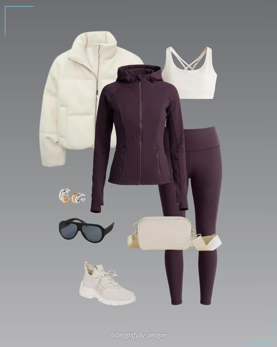 Another way to wear Amaranth 💜🤍 Full-zip jacket, cropped sweater puffer, medium-support sports bra, midi high-waisted 7/8 leggings, cami knit lace-up sneakers, crossbody bag, Aerie pilot sunglasses & Florence earrings. 

 #LTKootd #LTKSeasonal #LTKOver40