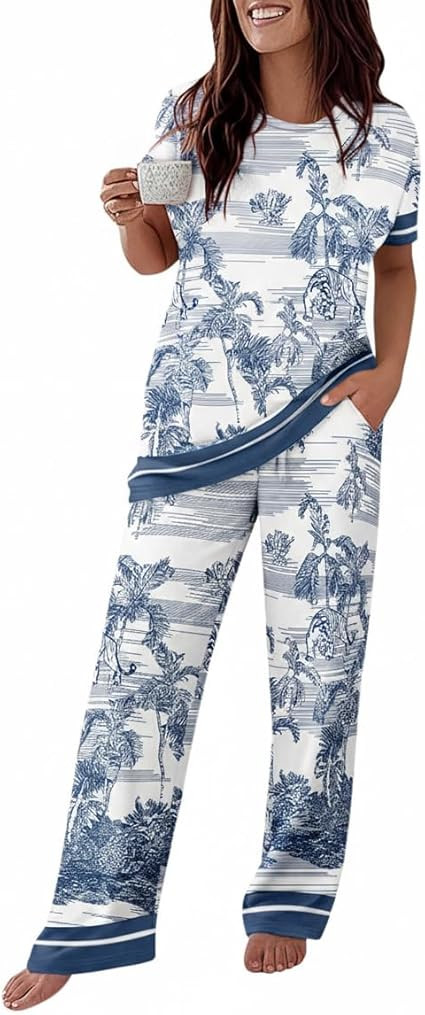 CHICME Womens Pajamas Sets 2 Piece Short Sleeve Lounge Set Printed Loose Pants Pj Sets Loungewear... | Amazon (US)