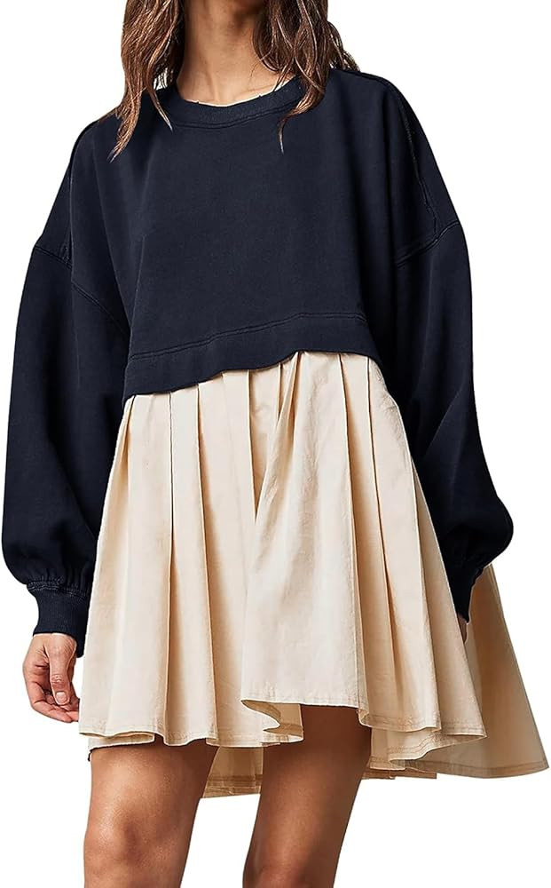 Dokuritu Sweatshirt Dress Women Crew Neck Long Sleeve Patchwork Pullover Tops Flowy Oversized Swe... | Amazon (US)