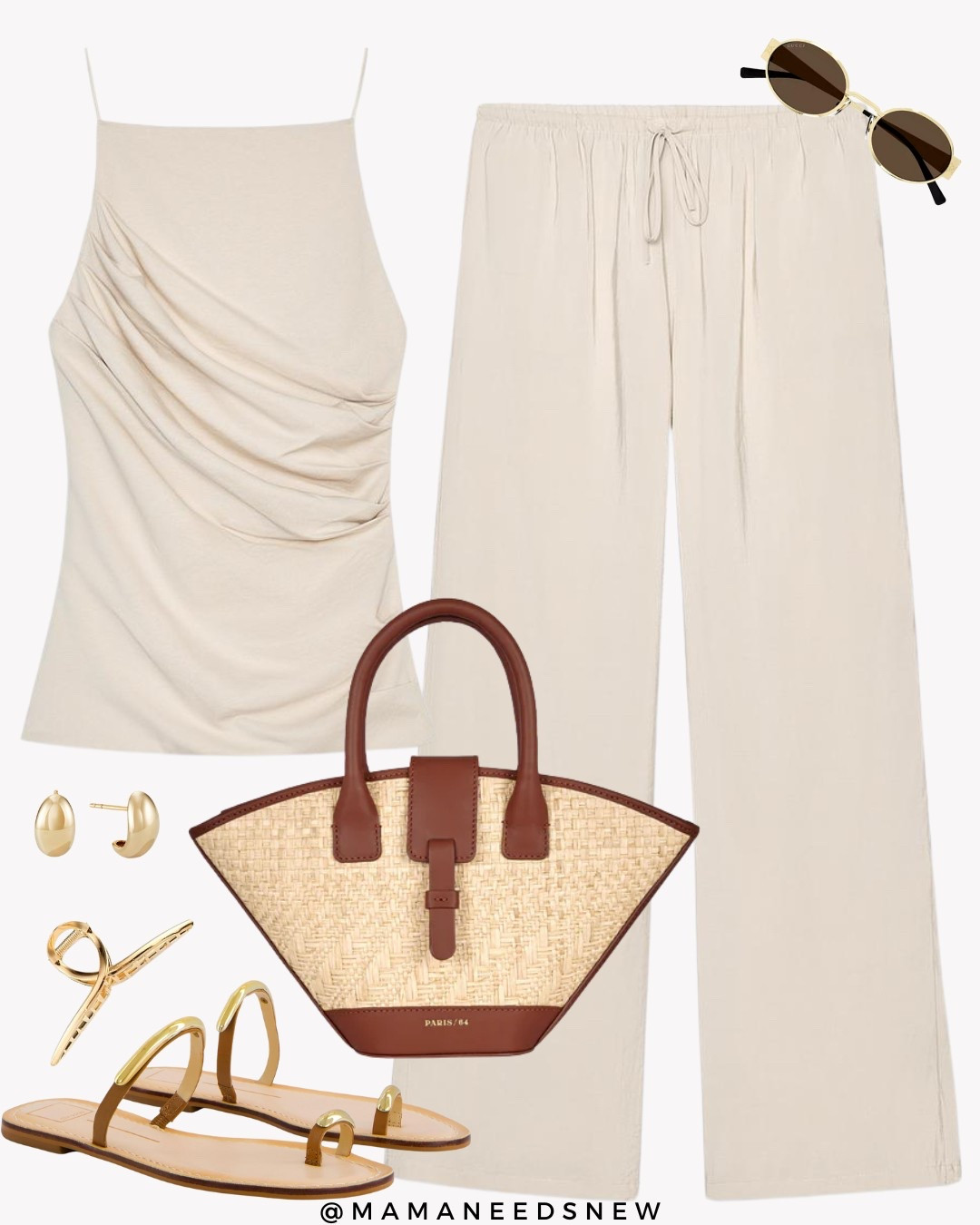 A summer outfit with a matching set with ruched tank top, flowy pants, toe ring slide sandals, top handle summer bag 🤍

#LTKSaleAlert #LTKItBag #LTKStyleTip