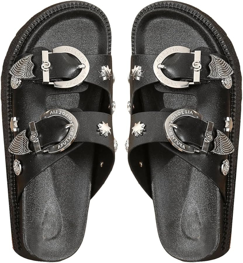 OYOANGLE Women's Studded Double Buckle Strap Footbed Sandals Fashion Platform Slip on Slides Sand... | Amazon (CA)