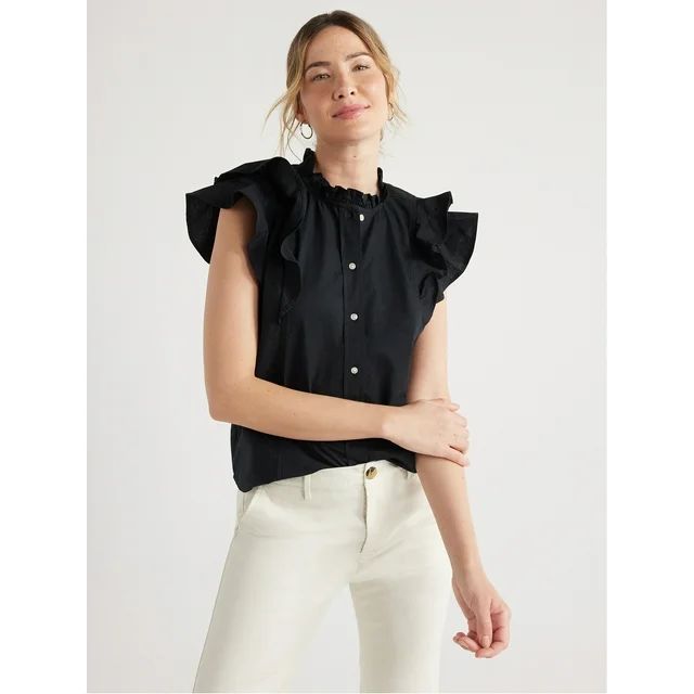Free Assembly Women’s Cotton Ruffle Shirt with Short Sleeves, Sizes XS-XXL - Walmart.com | Walmart (US)