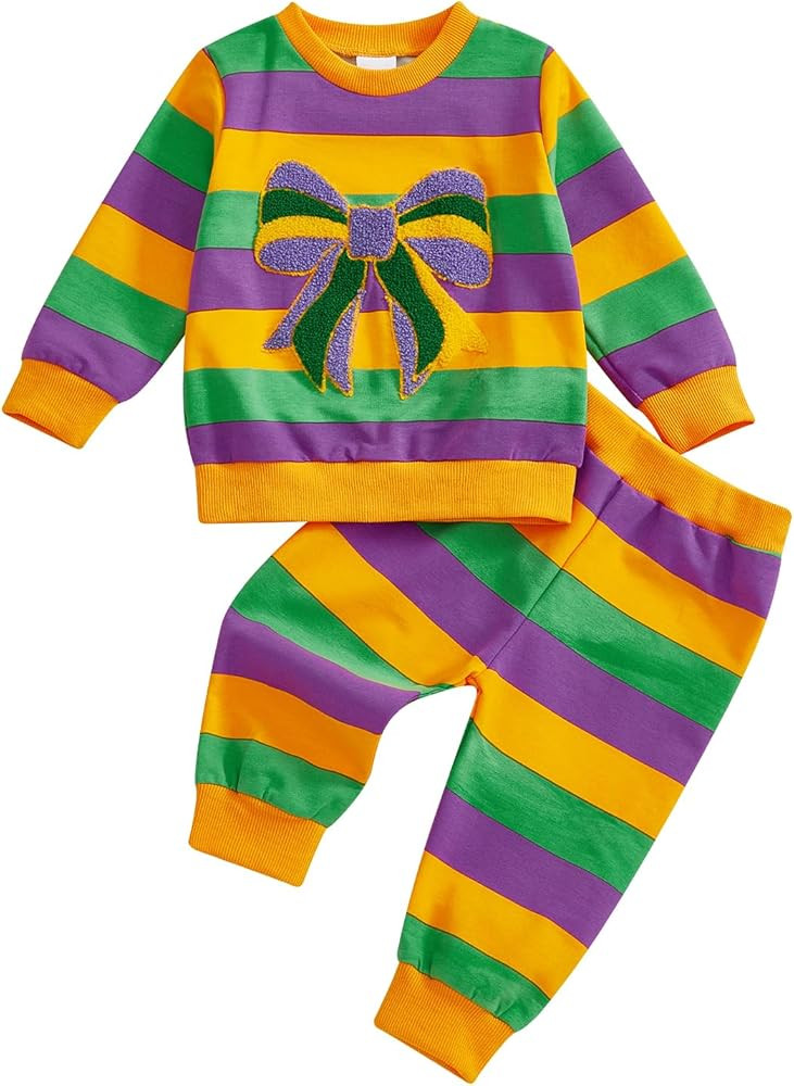 Toddler Girl Mardi Gras Outfit Long Sleeve Bow Pullover Tops and Striped Pants Set 2Pcs Infant Ba... | Amazon (US)