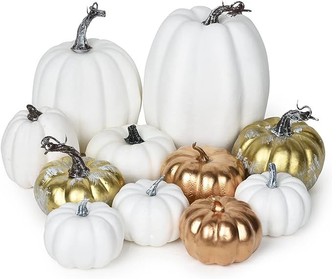 DearHouse 11Pcs Fall Artificial Pumpkins Harvest Frosted Pumpkins Gold Brushed White Foam Pumpkin... | Amazon (US)