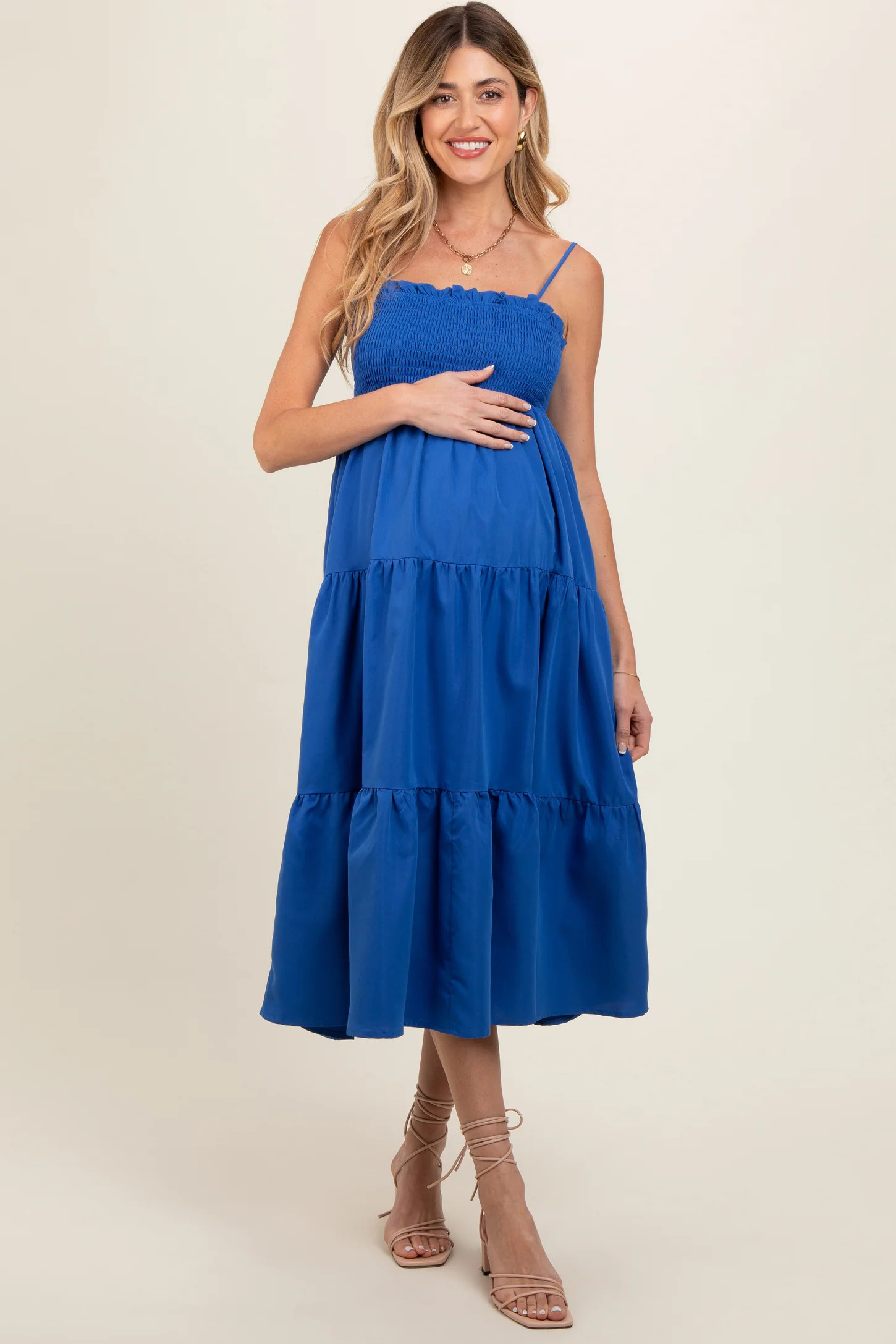 Royal Blue Smocked Cut-Out Back Tiered Maternity Midi Dress | PinkBlush Maternity