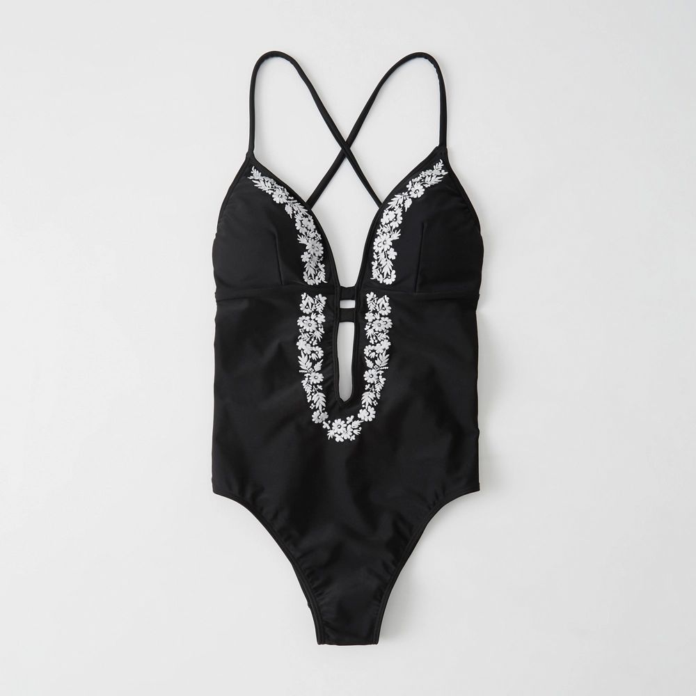 Embroidered Strappy Front One Piece Swimsuit | Abercrombie & Fitch US & UK