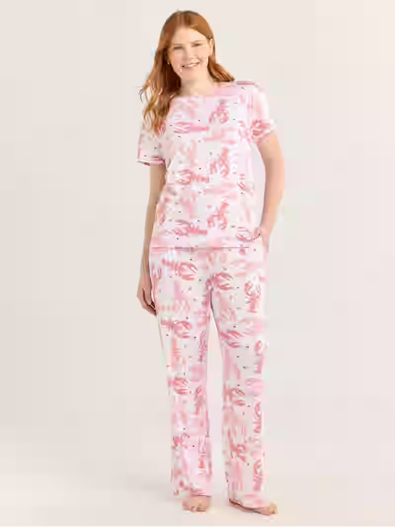 Joyspun Women's Short Sleeve Sleep Top and Open Leg Pants Pajama Set, 2-Piece, Sizes XS-3X | Walmart (US)
