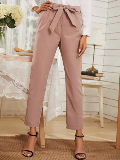 Solid Tie Front Straight Leg Pants | SHEIN