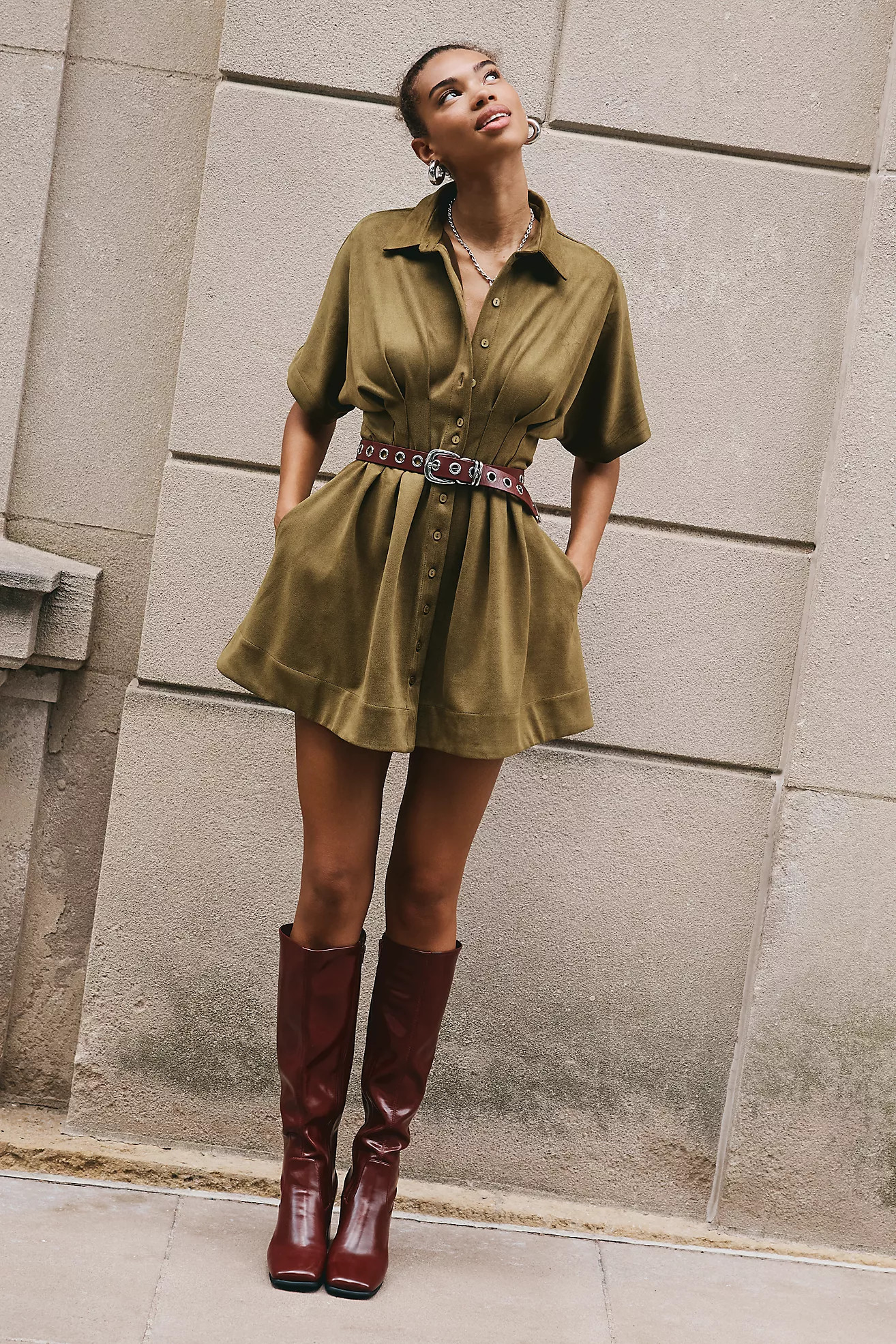The Tobie Faux-Suede Mini Shirt Dress by Exquise | Anthropologie (US)