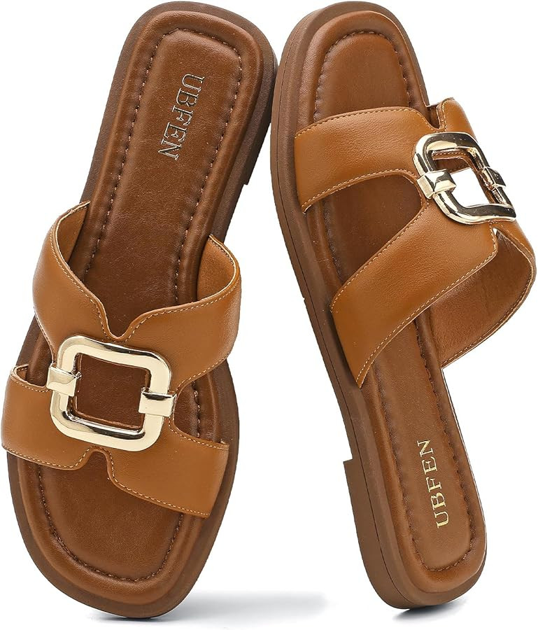 UBFEN Women's Square Toe H-Strap Slide Sandals Trendy Comfortable Summer Flat Sandals for Casual,... | Amazon (US)