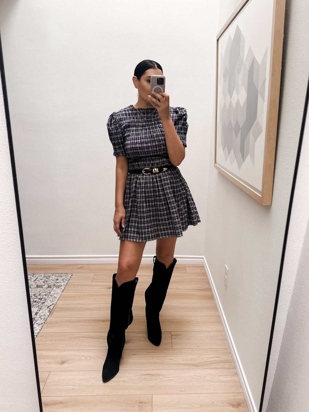 I'm in the large of the plaid dress but it runs pretty loosely / generously. I'd suggest your true to size fit. 

I'm in the 10 of the topshop dress. This fits me well. (I tend to size up in Topshop!) 

 