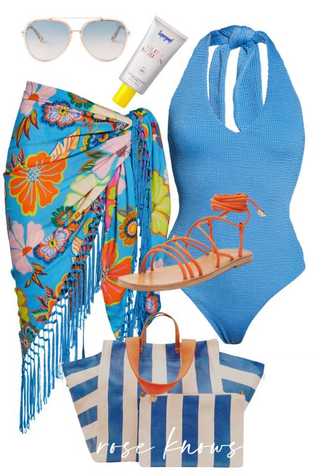 🏖️ 🏖️🏖️🏖️🏖️
Colorful happy beach vibes! Love the cut of this blue halter style swimsuit 

#LTKunder100 #LTKSeasonal #LTKswim