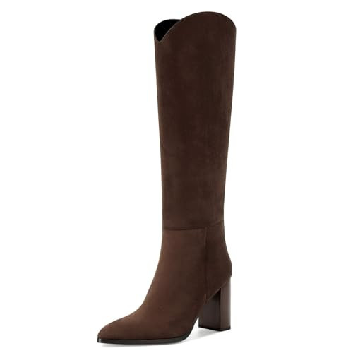 ZJGZF Suede Dark Brown Knee High Boots for Women, Comfortable Chunky High Heel Pointed Toe Wide Calf Leather Tall Boots with Side Zip | Amazon (US)