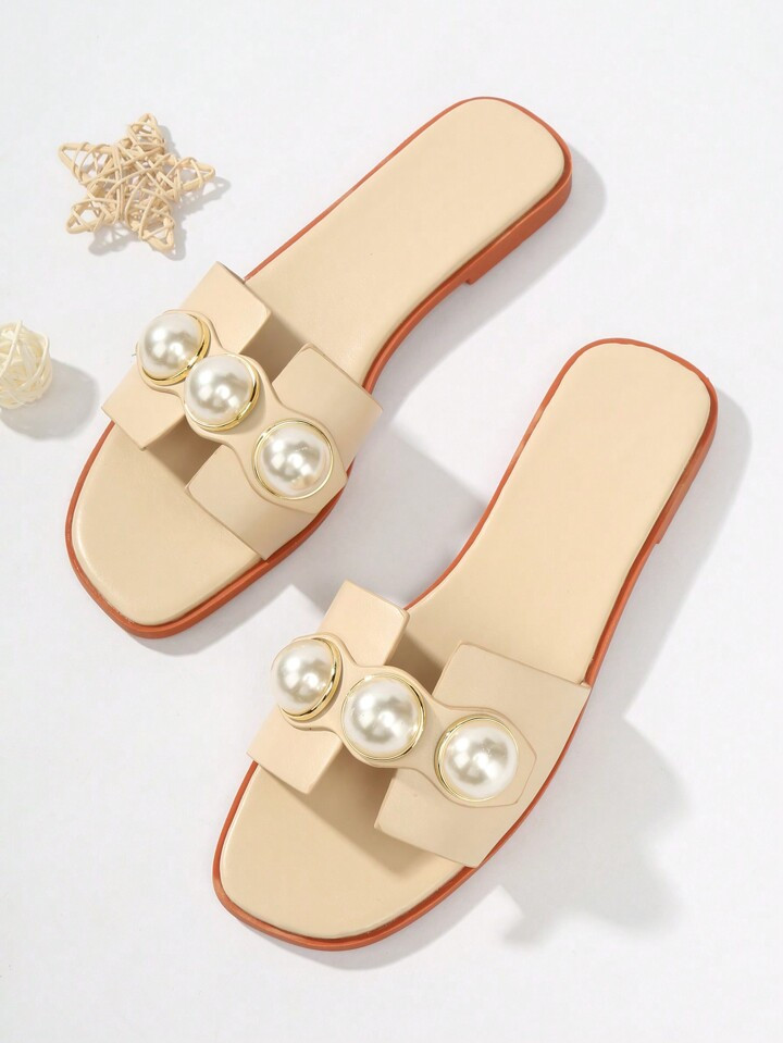 Fashionable Pearl Decorated Buckled Women Flat Sandals With Square Toe | SHEIN