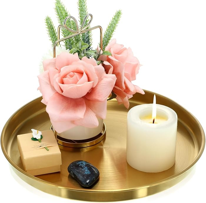 Thenshop 1 Pcs 12 Inch Gold Round Serving Tray Stainless Steel Circle Decorative Vanity Gold Plat... | Amazon (US)