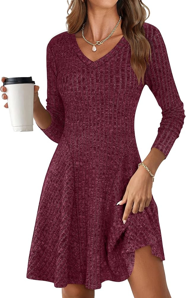 ANRABESS Women Long Sleeve Ribbed Knit Short Dresses 2025 Fall Winter V Neck Casual Swing A Line ... | Amazon (US)