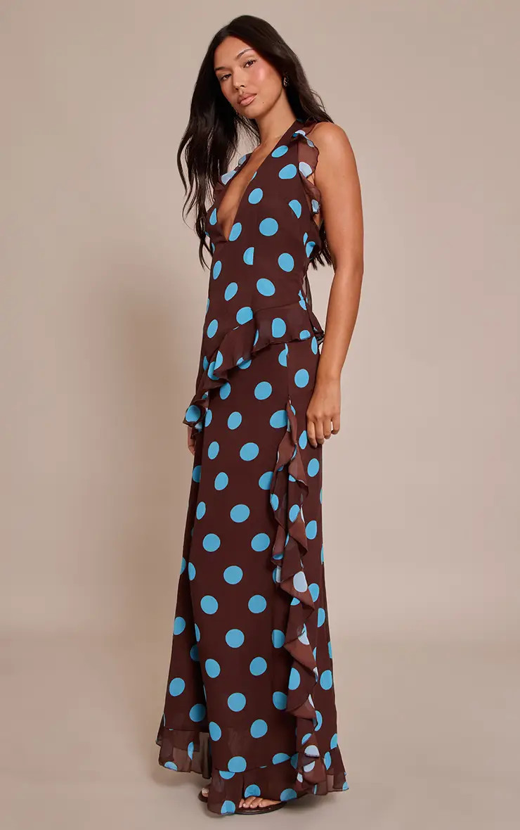 Skirts | Brown Polka Dot Chiffon Ruched Drop Waist Maxi Skirt | PrettyLittleThing | PrettyLittleThing US