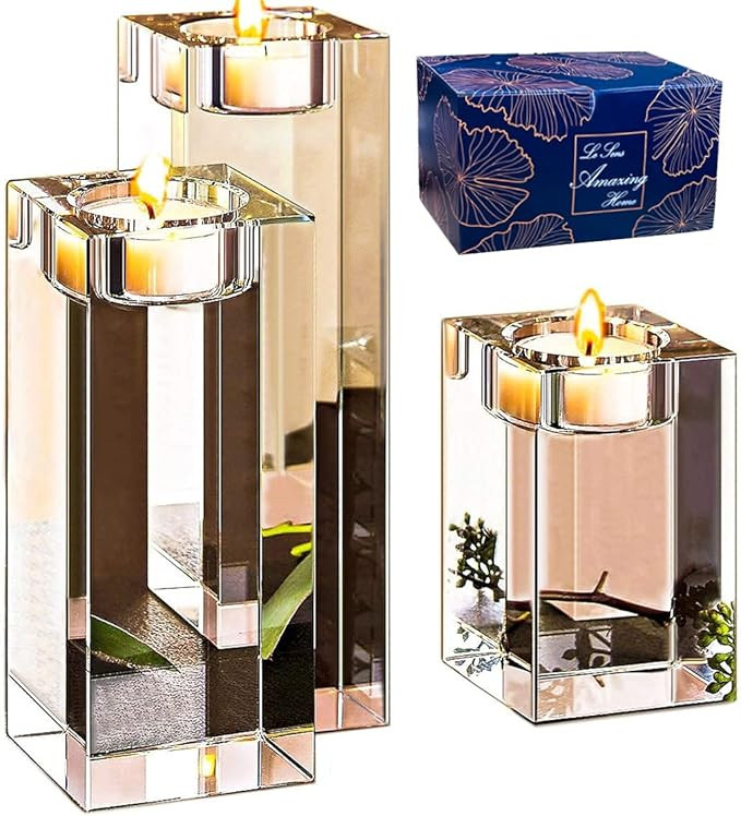 Large Crystal Candle Holders Set of 3, 3.1/4.7/6.2 inches Height, Heavy Solid Square Tealight Hol... | Amazon (US)
