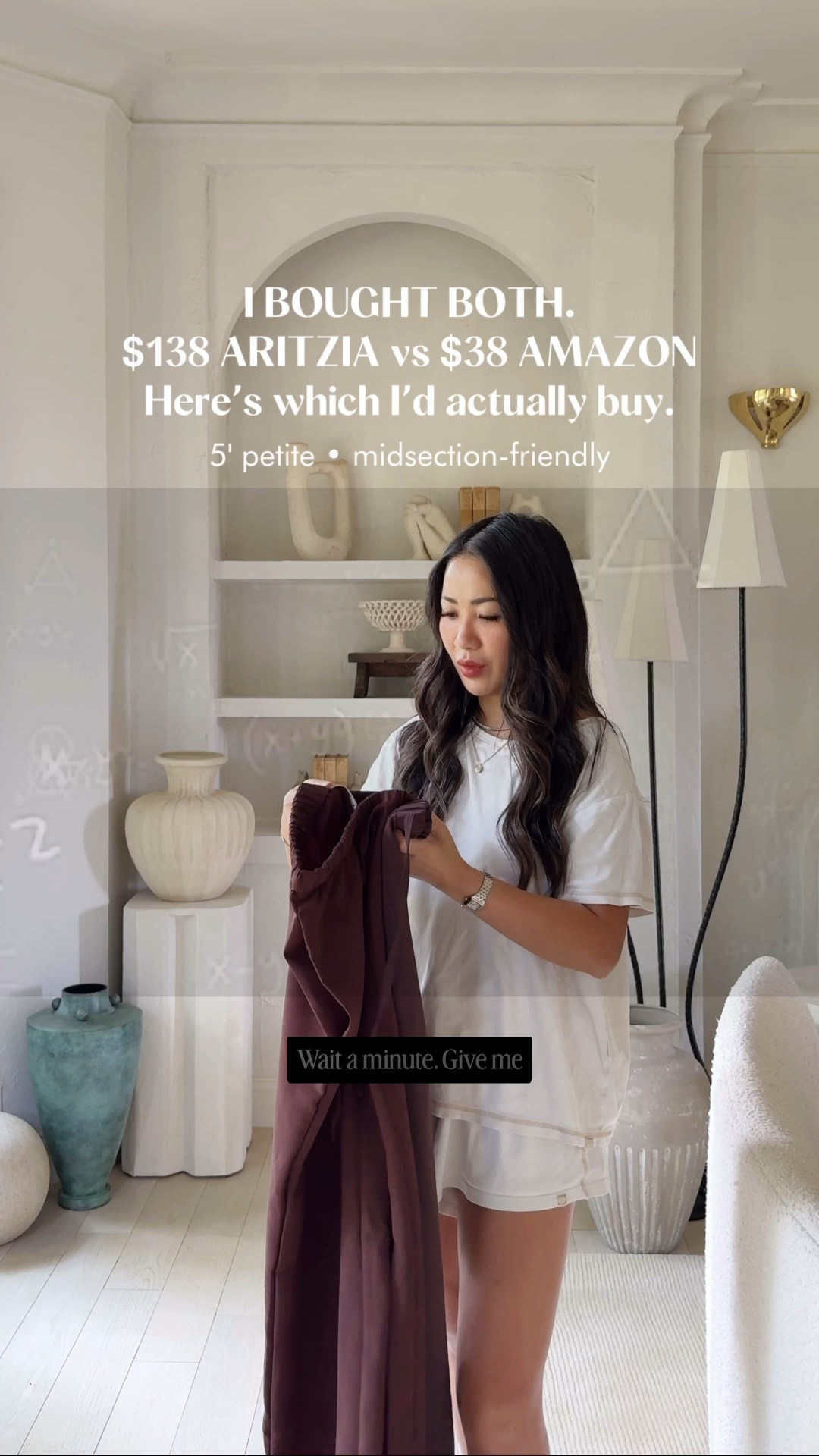 For size reference, I’m 5 ft 115 pounds and wearing the sizes below. 

AMAZON pants: Under $38. Comes in 3 inseam lengths. I’m wearing inseam 27.5 inches, size XS. The material feel and weight is noticeably similar to the Aritzia pants. 100% polyester. A tiny difference is that it’s more relaxed and draped in shape. 

ARTIZIA pants: Priced at $138. Comes in 3 inseam lengths as well. I’m wearing Short inseam 27.25 inches, size XS. Weight is quite nice. Substantial but not heavy. 100% polyester. The width is a hair more narrow than the Amazon pair. 

I hope that’s helpful. Let me know if you have any questions in the comments!

#LTKOver40 #LTKPetite #LTKSaleAlert