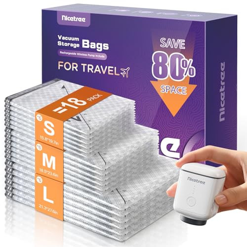 Nicetree 18-Pack Wireless Vacuum Storage Bags with Rechargeable Pump | 3 Sizes (20/24/28 Inch) Travel Vacuum Seal Bags for Clothing, Bedding & Seasonal Storage | Space Saver for Luggage | Amazon (US)