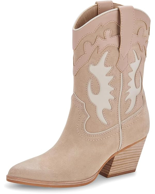 Zszszsu Women's Pointy Toe Mid Calf Boots Chunky Block Stacked Heels Embroidered Western Pull On ... | Amazon (US)
