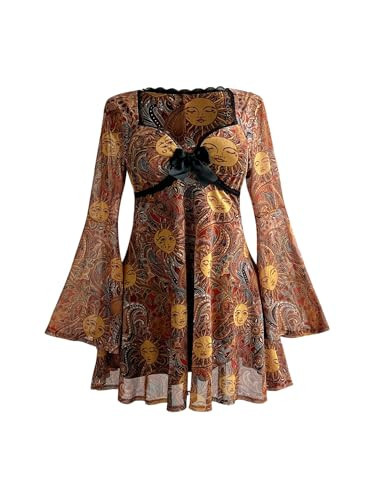 BEAUDRM Women's Y2k Plus Size Hippie Vintage Boho Dress Leopard Bell Long Sleeve V Neck Bow Mesh Goth Mini Dresses Multi Boho Paisley XX-Large Plus | Amazon (US)