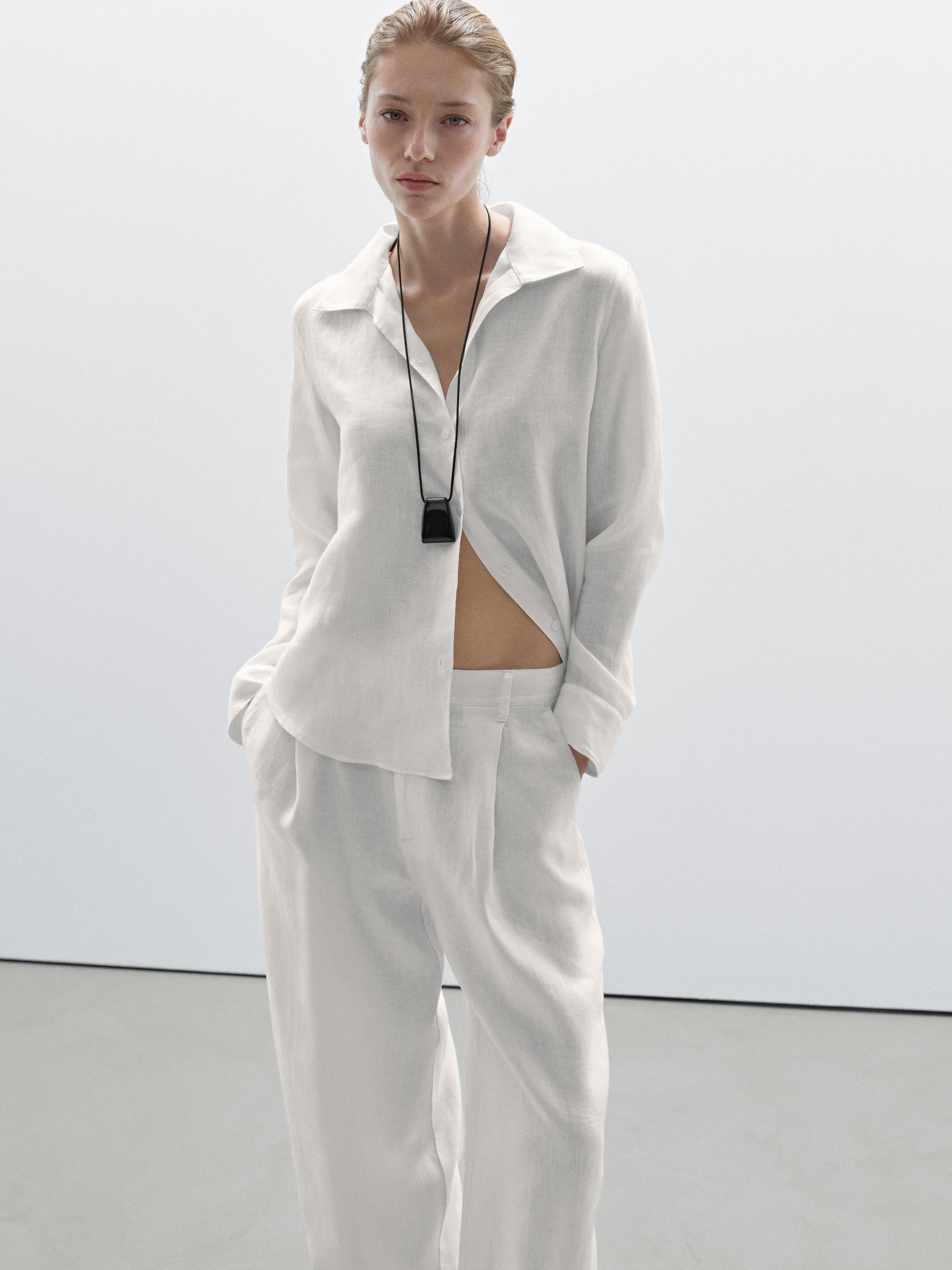 100% linen wide-leg mid-rise trousers | Massimo Dutti US