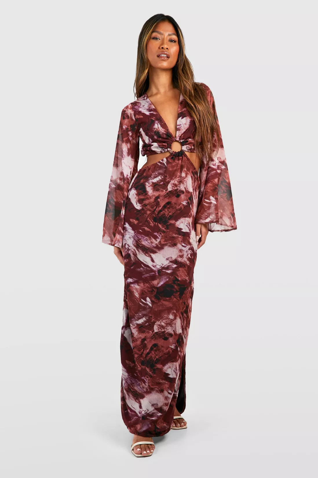 Dresses | O Ring Printed Flare Sleeve Maxi Dress | boohoo | Debenhams UK