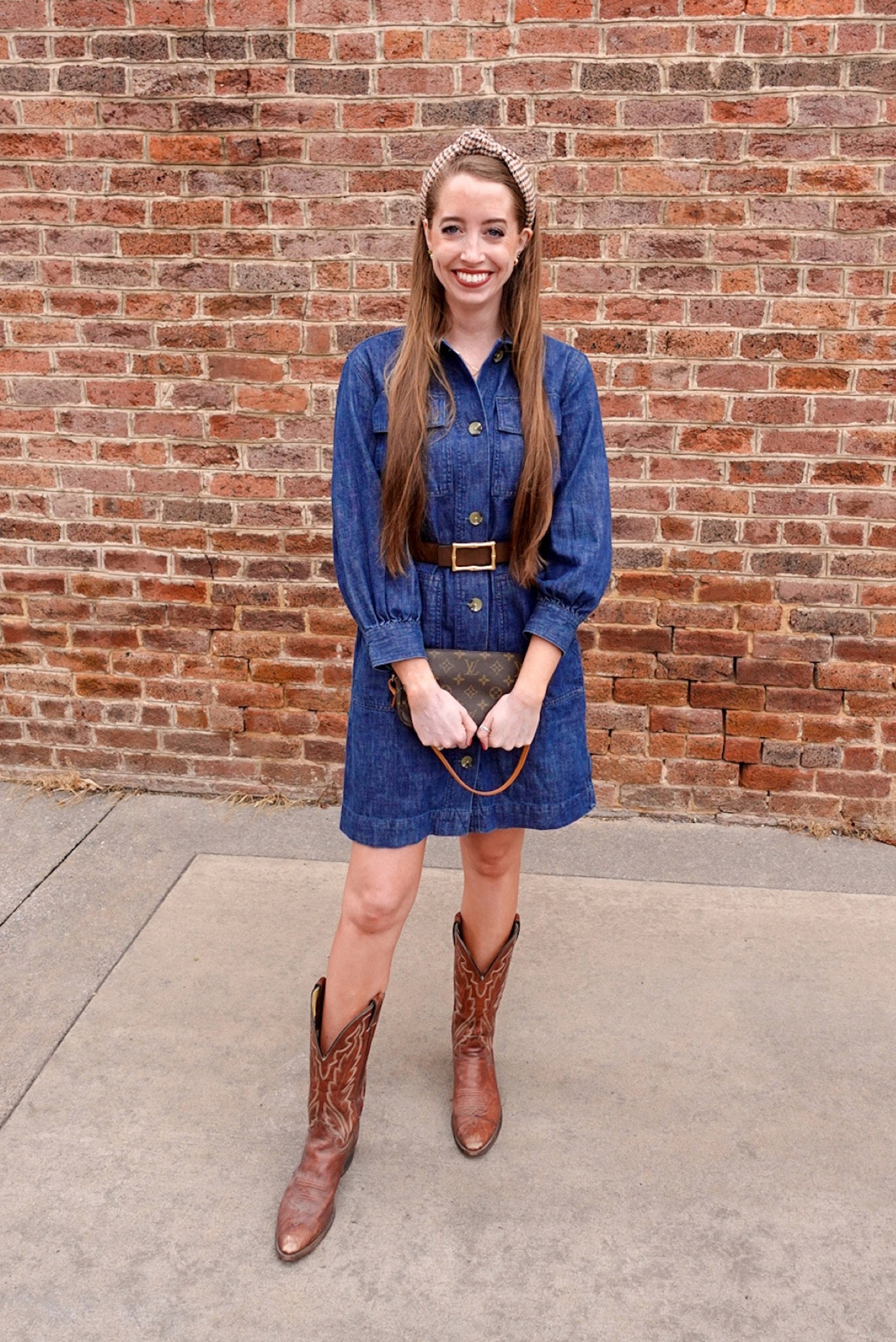 Denim dress fall outfit - cowboy boots - houndstooth headband - reversible belt - western style 

#LTKSeasonal #LTKstyletip #LTKfindsunder100