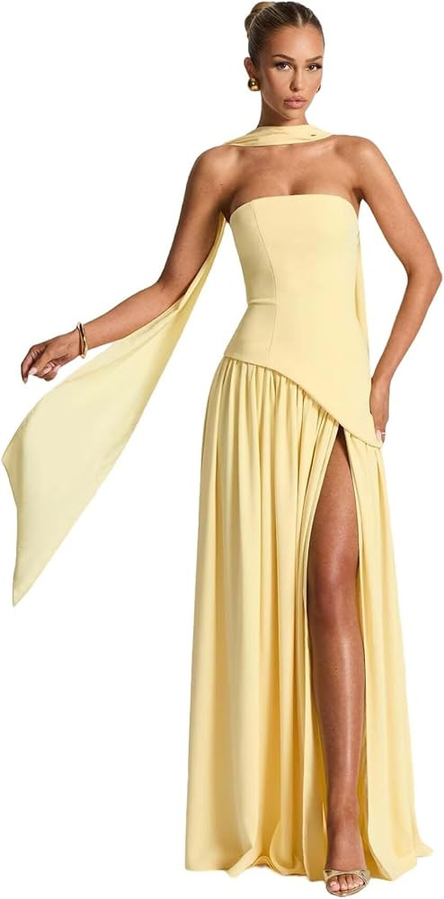 Strapless Formal Dresses 2026 for Women with Scarf Chiffon Halter Pleated A-Line Long Bridesmaid ... | Amazon (US)