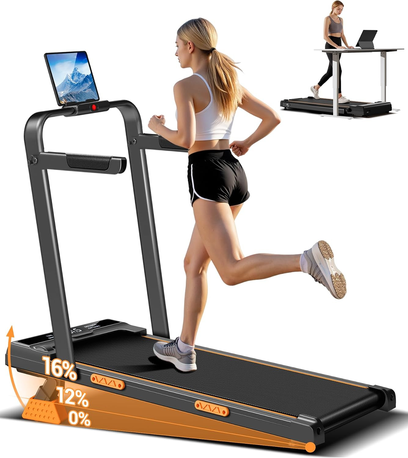 16% Incline Walking Pad Treadmill, 3-in-1 Under Desk Treadmill with Handles | Amazon (US)