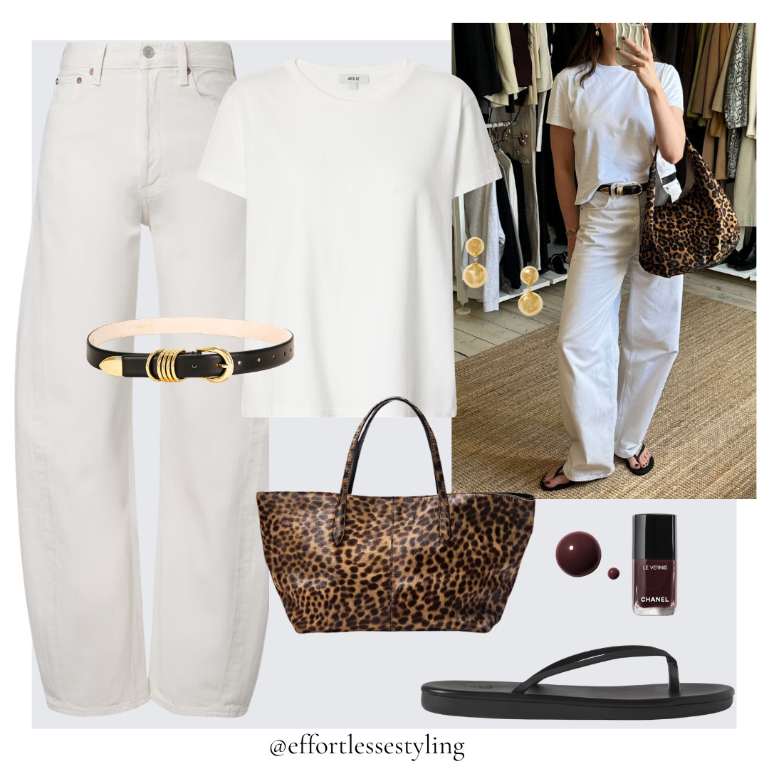 Casual white jeans outfit. 

White t-shirt, white relaxed barrel leg jeans, burgundy nail polish, gold drop stud earrings, black leather belt with gold hardware, black leather flip flop, leopard print tote bag. 

 #LTKuk #LTKautumn #LTKjeans