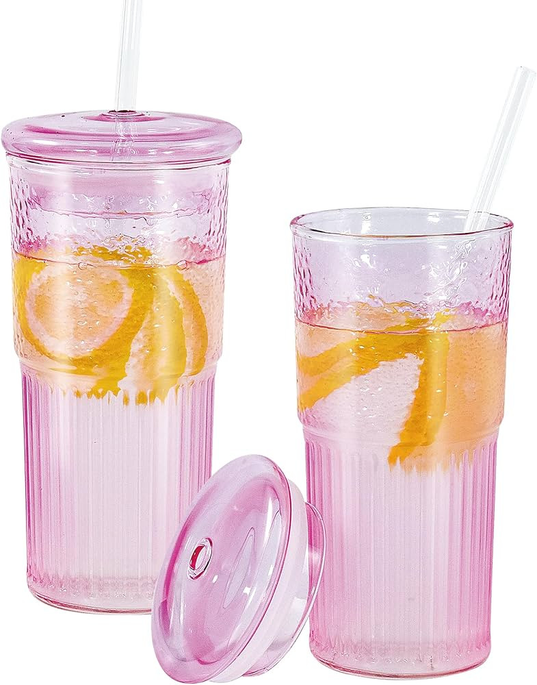 2Pcs 20 oz Drinking Glass with Glass Lids Straws Vintage Ribbed Glassware Tumblers Vertical Strip... | Amazon (US)
