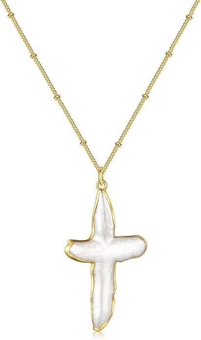 Pearl Cross Necklace for Women Freshwater Natural Chunky Baroque Pearl Necklaces Big Gold Cross N... | Amazon (US)