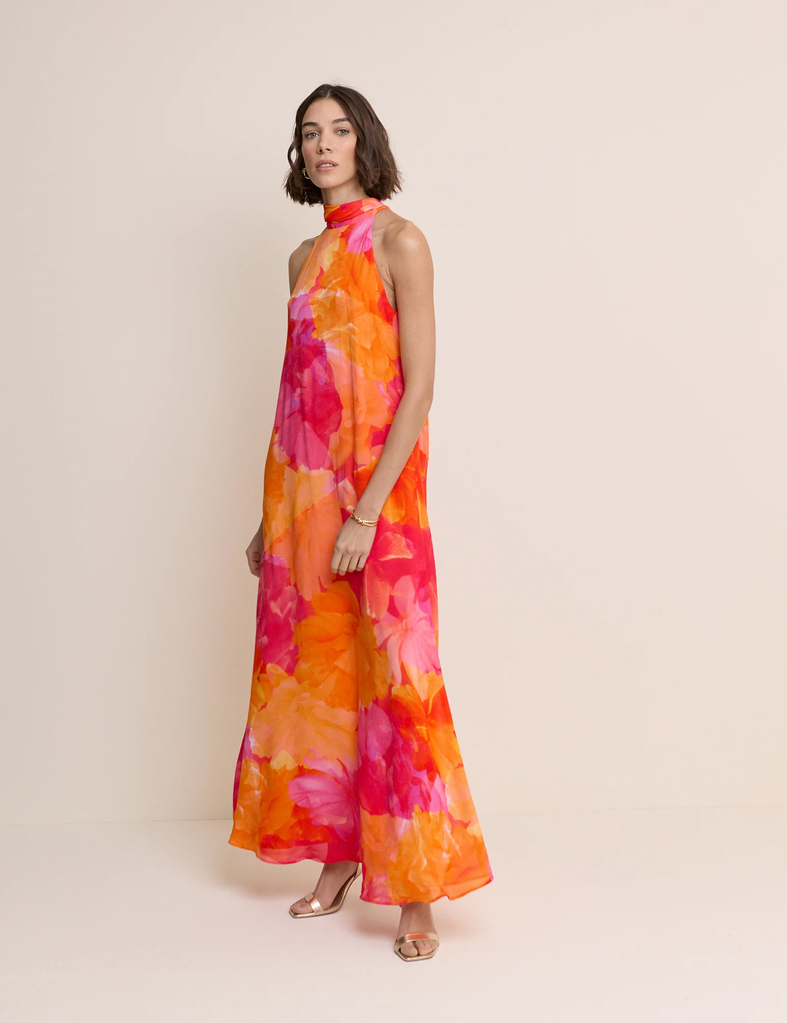 Pink and Orange Floral Halterneck Nala Maxi Dress | Nobody's Child