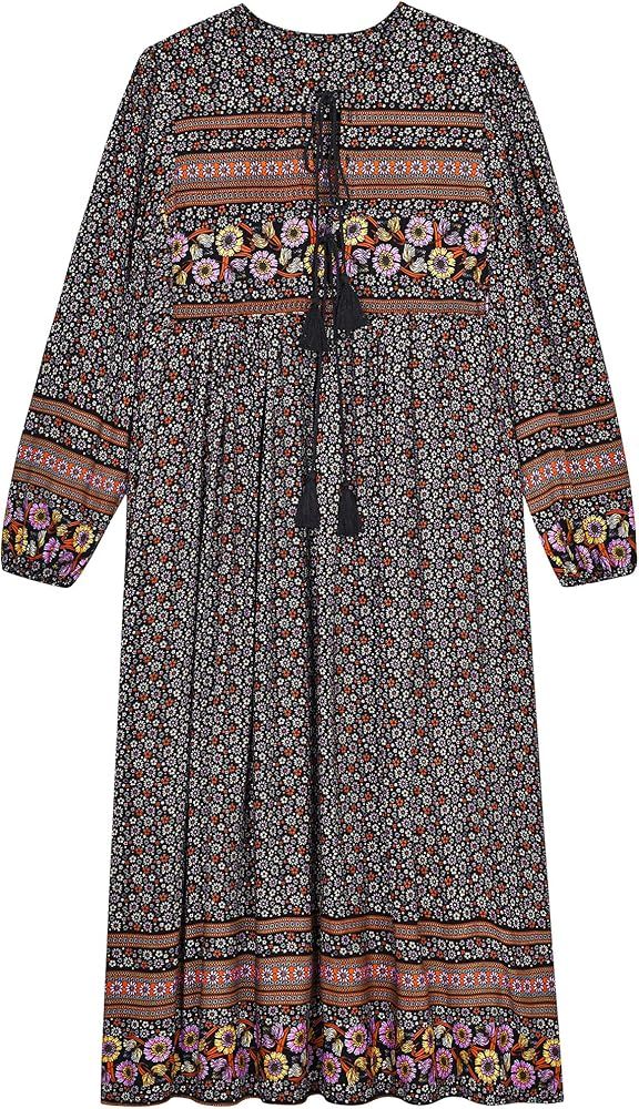 Boho Maxi Dresses for Women Casual Summer, Cotton Long Sleeve Floral Print Tassel Bohemian Midi D... | Amazon (US)