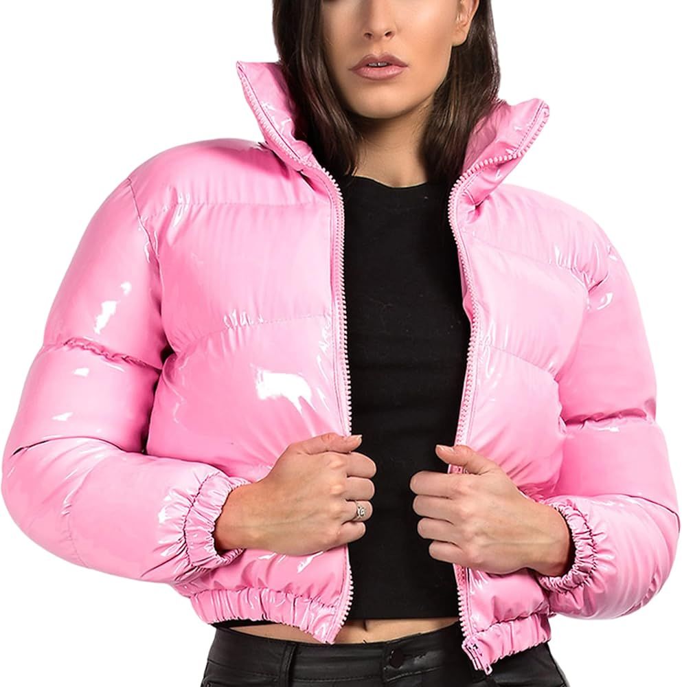 Uaneo Women's Cropped Puffer Jacket Winter Shiny Zip Up Short Bubble Puffy Coats | Amazon (US)