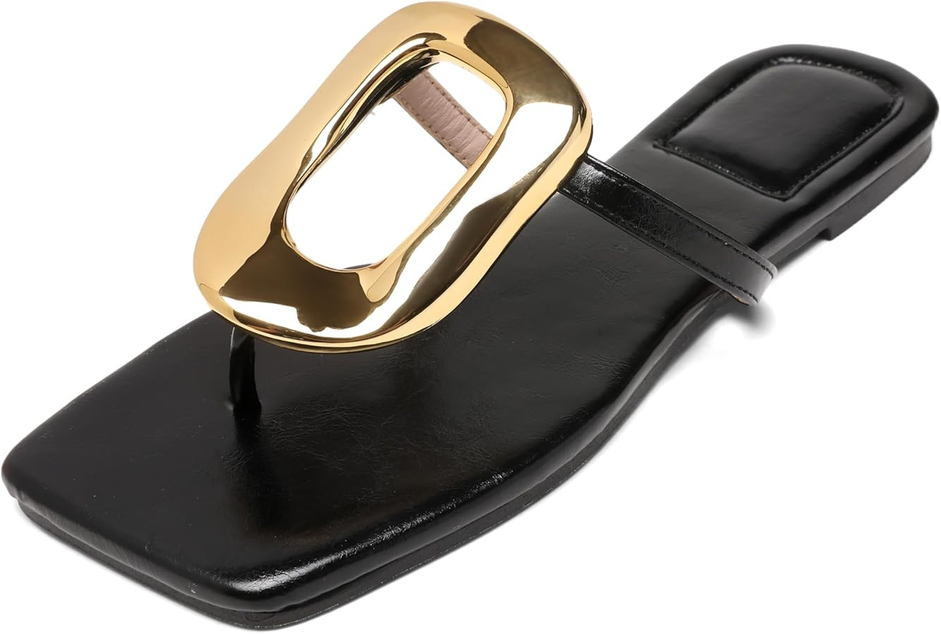 Flip-Flops Sandals for Women Comfortable Open Square Toe Slip on Beach Thong Sandals Casual Fashi... | Amazon (US)