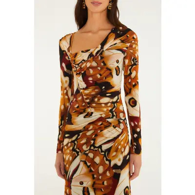 FARM Rio Borbofly Asymmetric Neck Long Sleeve Maxi Dress in Beige at Nordstrom, Size Medium | Nordstrom