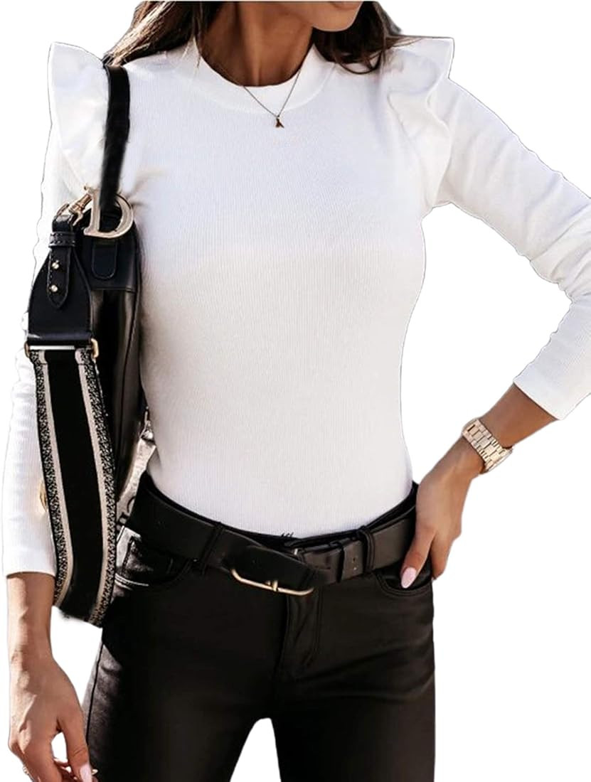 Remidoo Women's Casual Long Sleeve Ruffle Top Ribbed Knit Tee Shirt Slim Fit Frilled Solid Blouse | Amazon (US)