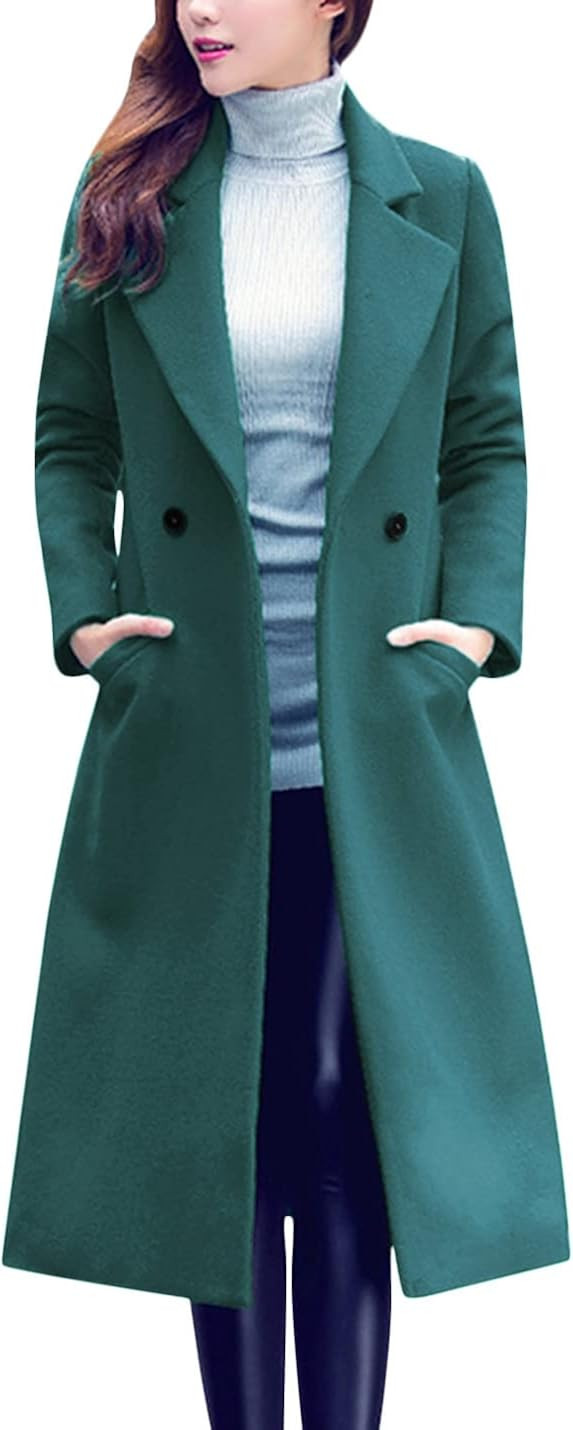 Tanming Women's Notch Lapel Double Breasted Wool Blend Mid Long Pea Trench Coat | Amazon (US)