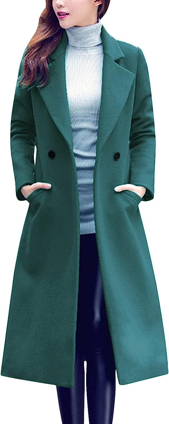 Tanming Women's Notch Lapel Double Breasted Wool Blend Mid Long Pea Trench Coat | Amazon (US)