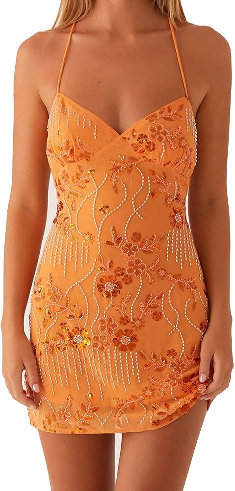 Women's Sequin Embroidery Backless Halter Cami Mini Dress Short Skirt for Club Night Party | Amazon (US)