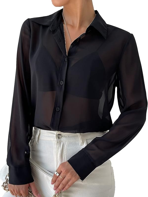Women's Sheer Mesh Button Up Shirt Long Sleeve See Through Blouse | Amazon (US)