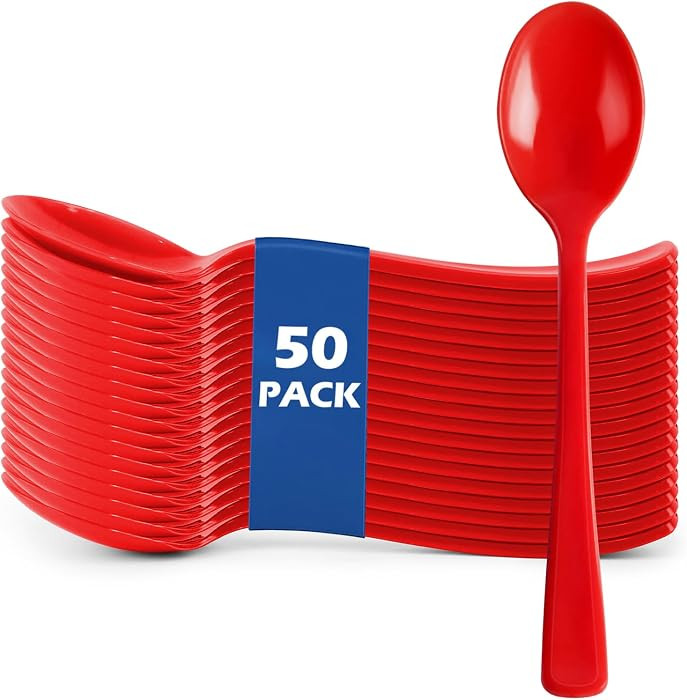 50pcs Plastic Spoons - Red Spoons Plastic Disposable Cutlery for Picnics, Birthday Parties, Weddi... | Amazon (US)
